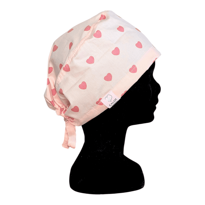 Calot médical Cœurs Rose Poudré – cœurs rose corail fond pêche pastel – cousu main Normandie