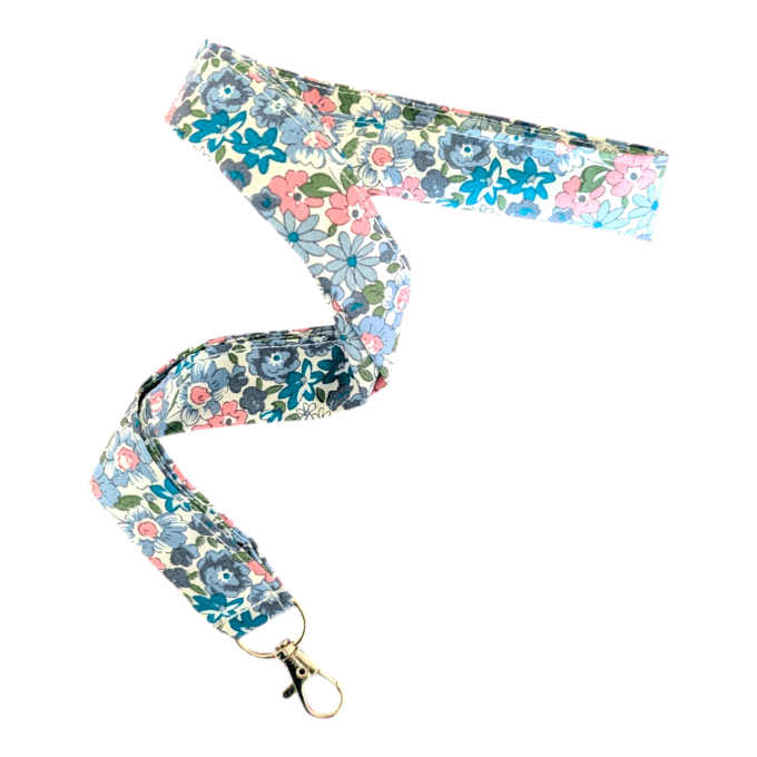 Tour de cou Rubis fleuri bleu et rose en coton avec mousqueton métallique pour badge professionnel